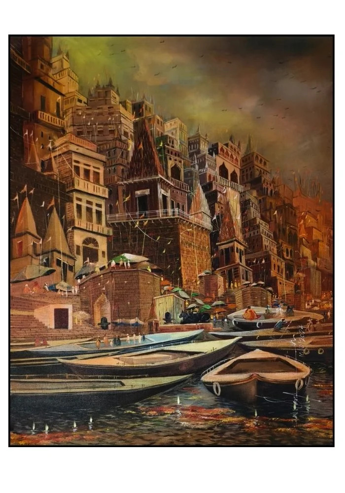 Varanasi Ganga Ghat with Boatman - Banaras Ghat Acrylic Painting