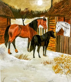 Horses in the snowy farmhouse 