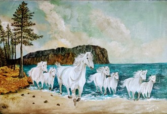 Seven horses near the sea shore 